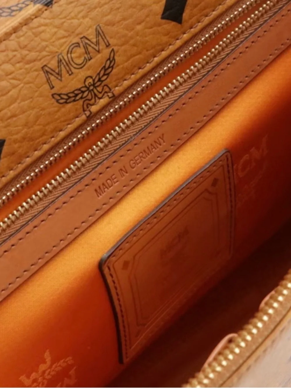 MCM Cognac Monogram Leather Briefcase with Gold-Tone Lock